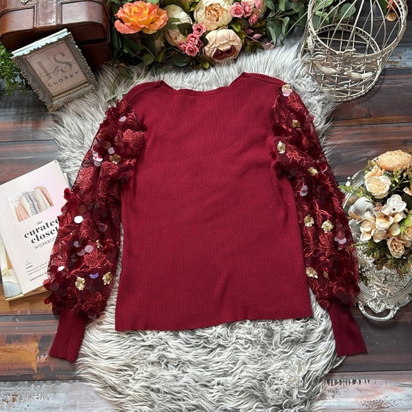 Holiday Glam Burgundy Sweater with Floral Embroidered Sequin Sleeves - Picture 9 of 10